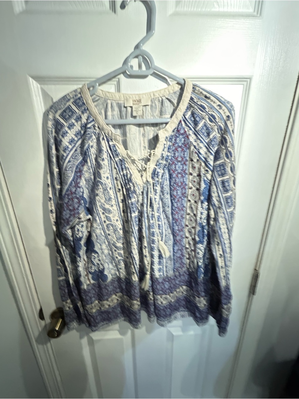 Vintage America Boho Blue and Cream Paisley Peasant Tunic